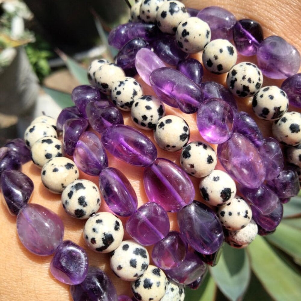 Dalmatian Stone & and Amethyst quartz crystal bracelet set